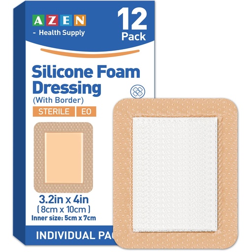 [BRSREFL3CIIREYL4] AZEN 12 Pack Silicone Foam Dressing, 3.2" X 4" Waterproof Silicone Bandages with Border Adhesive, Large Bandages for Wounds, Self Adhesive Wound Care and Dressings