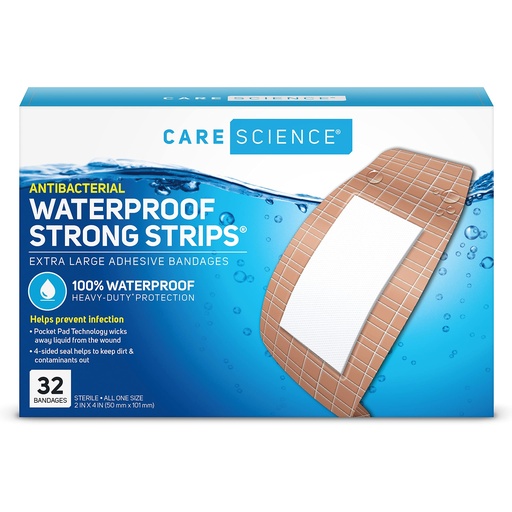 [BRSW2YYOOYGWCCD2] Care Science Waterproof Strong Strips Adhesive Bandages, Extra Large, 32ct | 100% Waterproof and Heavy-Duty Protection for First Aid and Wound Care. Great for Arms, Legs, Knees, & Elbows