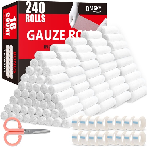 [BRSRAY33BN5WYG32] DMSKY 240 Pack Gauze Rolls, 4 in x 4.1 Yards | Individually Wrapped Gauze Wrap Roll for Wounds, Premium Rolled Gauze Bandage Wrap, Mummy Wraps