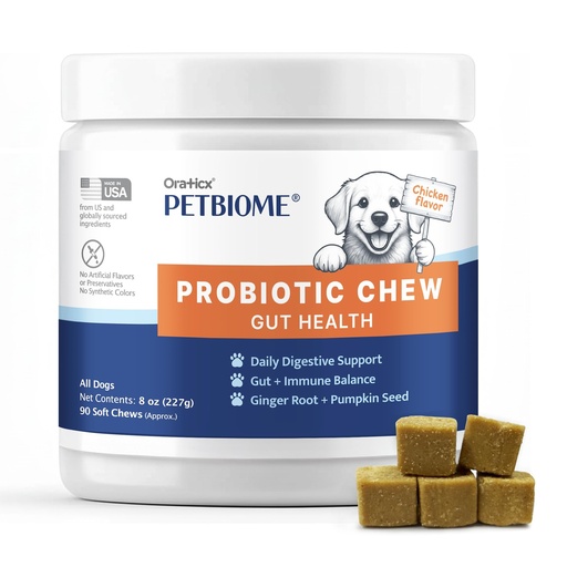 [BRSRGYL7BUGRGFIU] PetBiome Probiotic Chew for Dogs - Supports Daily Digestive Health, Gut Balance, and Immune System - with Ginger Root, and Pumpkin Seed - Chicken Flavor, 90 Soft Chews