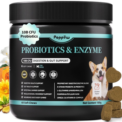 [BRSREFIDAUAWKCD6] Probiotics for Dogs, 10B CFU with 5 Prebiotics & 5 Enzymes, Chicken, 90 Ct | Digestive Enzymes & Pumpkin Fiber for Gut Health and Bowel Support, Dog Supplement for Gas Relief & Constipation