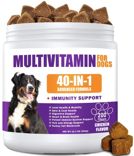 [BRSRGZT2OZ5WG3I3] 40 in 1 Dog Vitamins and Supplements 200Ct Dog Multivitamin Chewable, Immunity Support Multivitamin Vitamins with Turkey Tail Mushroom, Skin & Coat, Mobility, Gut & Heart Health, Hip & Joint Support