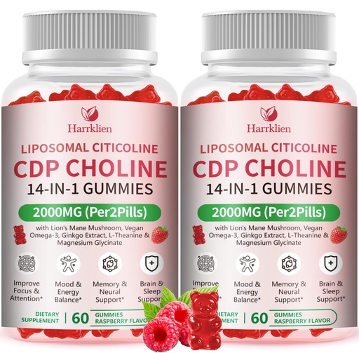 [BRSRYZDQDMFA2E3Z] 2 Packs 2000mg Liposomal Citicoline CDP Choline Gummies, Brain Supplement | With Phosphatidylcholine, Lion's Mane Mushroom, Omega-3, Folate, B6 & B12, Support Brain*, Memory & Focus for Adults & Kids