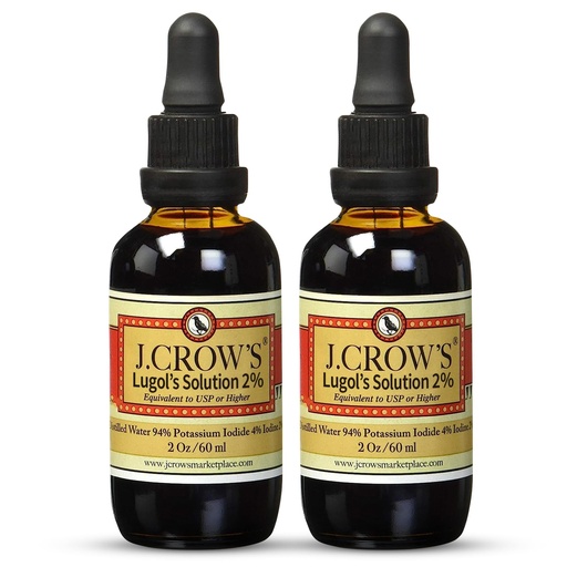 [BRSRAAA6A4HGKDL5] J.CROW'S® Lugol's Solution of Iodine 2% 2 oz (2 Bottle) – Premium Iodine & Potassium Iodide Liquid, Gluten & Alcohol-Free Natural Brine Extract, No Expiration - 1200 Drops