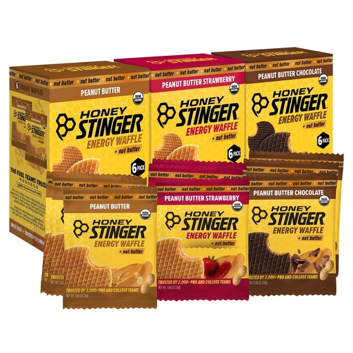 [BRSRABQLC4DQ2A35] Honey Stinger Organic Peanut Butter Energy Waffle Variety Pack of 18, 6 Pack Each of Peanut Butter, PB Chocolate and PB Strawberry, Nutritious Stroopwafel Snack for Exercise, Endurance and Performance