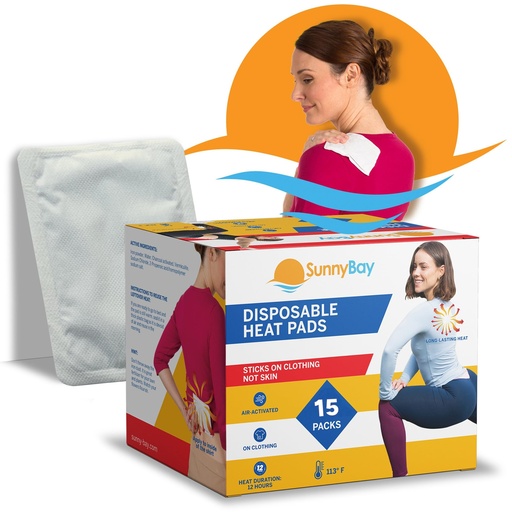 [BRSWKEYCBYPGKA3C] SunnyBay Adhesive Heat Patches for Neck, Knee, and Upper or Lower Back, Air-Activated Heat Pads for Menstrual Cramps, Stiffness, Sprains, and More, Stick to Clothing, 5x3 inches, 15 Count