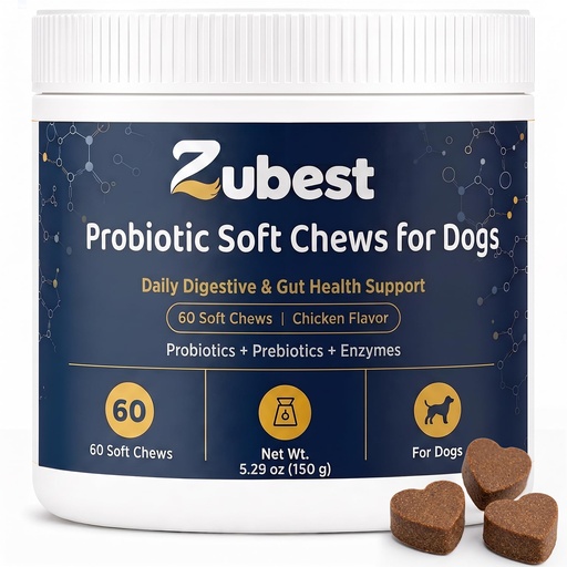 [BRSRYYICOUBB4D3J] Zubest Probiotics for Dogs Soft Chews, 3 Billion CFU, Prebiotics, 60 Chews | Dog probiotic soft chews for digestive and gut health; 3B CFU, prebiotics, enzymes, pumpkin, yeast postbiotic, 60 chews.