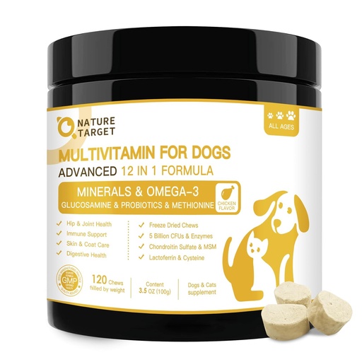 [BRSRMCATOABRS3DB] NATURE TARGET Dog Multivitamins for Overall Health with Minerals, Immune Support, Digestive Health, Joint, Hip, Skin & Coat Care with Probiotics, Glucosamine, Enzymes, 120 Freeze Dried Chews | 40+ Active Nutrients with Glucosamine, Omega-3, Probiotics & Digestive Enzymes for Joint, Skin, Immune & Gut Health