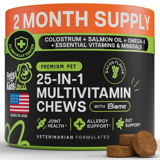 [BRSRGZY7BFYGG2D6] Pets are Kids 25-in-1 Dog Multivitamin for Gut, Mobility, Immunity, 60Chews | Pet Vitamins and Supplements with LBiome™, Colostrum & Salmon Oil for Gut, Allergy, Mobility & Immune Health, Bacon Flavored
