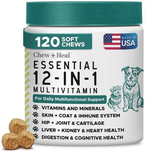 [BRSREFICOBYWMDL7] 12-in-1 Dog Vitamin and Supplement Chews, 120 Ct - Senior and Puppy Vitamin | Glucosamine Chondroitin, Probiotics, Omega 3 - Hip & Joint, Skin & Coat, Immune, Digestive Support - Vitaminas Para Perros