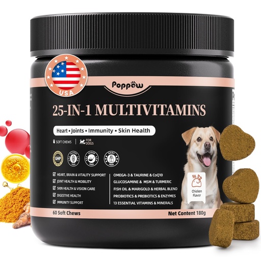 [BRSREHYQAR6W2D33] 25-in-1 Dog Multivitamin Chews – Daily Vitamins & Supplements for Dogs | Joint Support with Glucosamine MSM, Omega-3 Skin & Coat, Gut, Heart & Brain, All Breeds & Ages, Chicken, 60 Ct