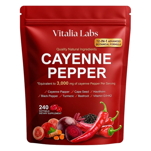 [BRSRY2QBPMDQIADK] Vitalia Cayenne Pepper Softgels, 12-in-1 Formula, Metabolism Support, 1 PCS | Natural Capsaicin, with Vitamins D3, K2 and E, Digestive Comfort, Easy-Swallow, 240 Softgels