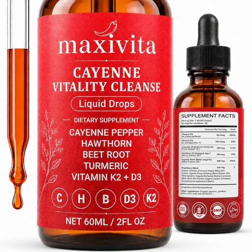 [BRSRY2YEOUMGE2T4] Cayenne Pepper Drops with Hawthorn, Beet Root, Turmeric, Vitamin D3 & K2, Panax Ginseng, Berberine & Ceylon Cinnamon, Liquid Dietary Supplement, 2 Fl Oz, 30 Servings