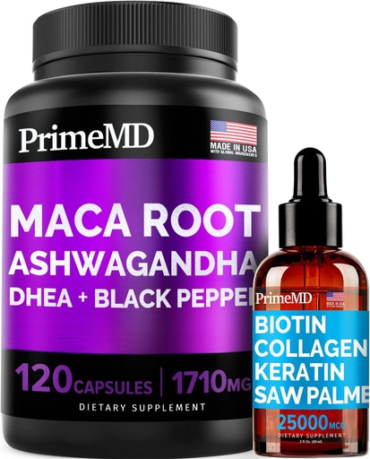[BRSW2CD3CAHGCC3V] 4-in-1 Liquid Biotin Collagen Keratin Saw Palmetto Drops (2 fl oz - 1 Pack) & 6-in-1 Maca Root Ashwagandha w Black Pepper Fruit (120ct) Bundle - Hair, Skin, Nails, Energy & Mood Support Supplement