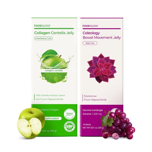 [BRSREAL6CIIAYCLP] FOODOLOGY Bowel Movement Jelly & Collagen Jelly Set, Dietary Fiber Supplement, for Boosting Metabolism Gut Heath and Skin Hydration, Collagen, Centella Asiatica, Garcinia Cambogia