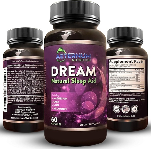 [BRSWGFAQB56A4G3K] Dream Natural Sleep Supplement for Adults – Relaxing Sleep, Wake Rested - Non Habit Sleep Aid Capsules Free from Sugar, Carbs - Melatonin, Magnesium, 5HTP, L-Theanine, GABA- Non-GMO 60 Sleeping Pills