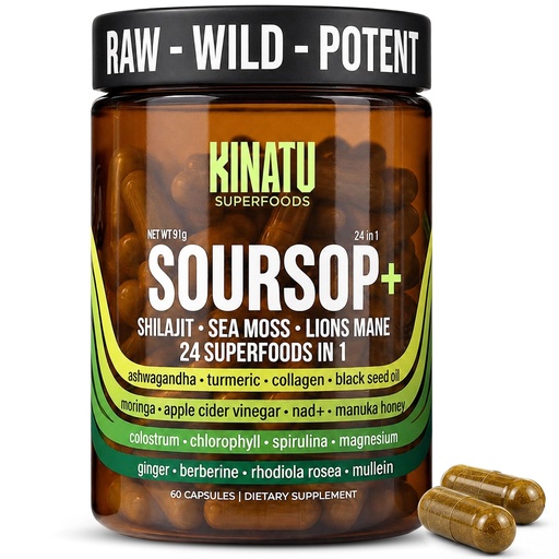 [BRSRAAL3DJ5R42A7] Soursop 24-in-1 Superfood, Shilajit, Sea Moss, Lions Mane, Ashwagandha 60ct | Immune Energy Focus Support, Black Seed Oil, Rhodiola, Turmeric, Ginger, 30-Day Supply, Lab Tested, Made in USA