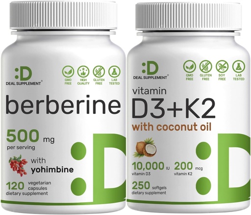 [BRSRAADQBADRACD2] DEAL SUPPLEMENT Vitamin D3 10,000iu + K2 200mcg Softgels & Berberine Supplement with Yohimbine Bundle – Essential Sunshine Vitamins with Coconut Oil – High Absorption Hydrochloride HCl Forms