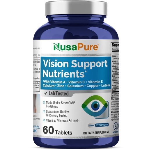 [BRSRE2QHBMHBOHTK] NusaPure Vision Support Nutrients, Non-GMO, 60 Tablets - 60 Servings | Dietary Supplement, Vitamin & Mineral Blend, Calcium, Zinc, Selenium, Copper & Lutein, Suitable for Adults, Made in cGMP, USA