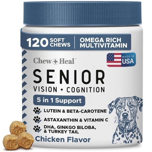 [BRSREGQ2BZ5BUEL2] Senior Dog Vision and Cognition Supplement, 120 Eye Care and Memory Chews | Senior Dog Vision and Cognition Chews - 7-in-1 Multivitamin with Omega Fatty Acids, Vitamins, and Botanicals