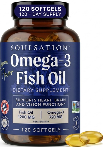 [BRSRGCQPCR4BED34] SOULSATION Fish Oil Softgels, Natural Lemon Flavor - 1200mg - Omega-3 Fatty Acids (EPA & DHA) Supports Heart, Brain, and Vision Function, Non-GMO, Gluten-Free - 120 Softgels for A 120-Day Supply