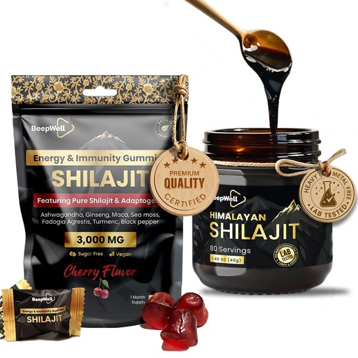 [BRSRACQZPMHA43I6] Shilajit Bundle – Pure Himalayan Shilajit Resin & High-Potency Shilajit Gummies 80 Servings Resin + 3000mg Gummies (60 Count, Cherry Flavor)