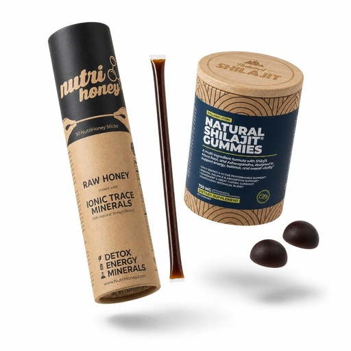 [BRSRYED3CEBBGFAU] NATURAL SHILAJIT NutriHoney 30 Honey Sticks + New Shilajit Gummies 60 Count Bundle for Men and Women