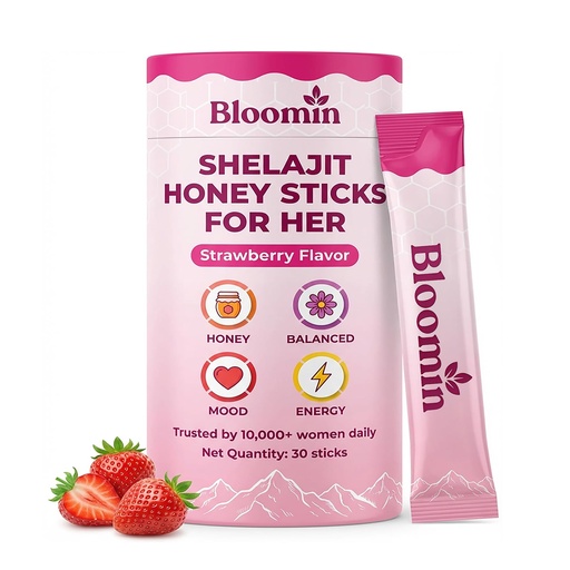 [BRSRGA35O4MW2YIU] Bloomin Honey Sticks, with Shilajit, Shatavari & Saffron, Strawberry Honey Supplement for Women, Hormonal Balance, Focus & Stamina, Non-GMO, 30 Sticks (Strawberry)