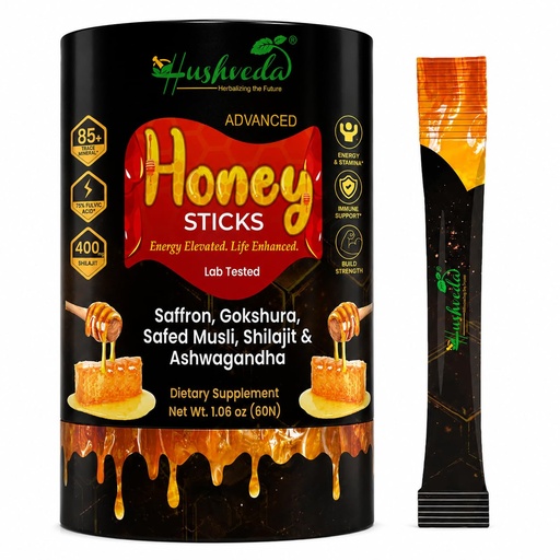[BRSRYEANOYCRQYLP] Hushveda® Honey Sticks with Shilajit, Gokshura, KSM-66® Ashwagandha, Safed Musli & Saffron | Lab Tested Daily Wellness Honey Supplement | Energy & Stamina Support | 30 Individual Honey Sticks