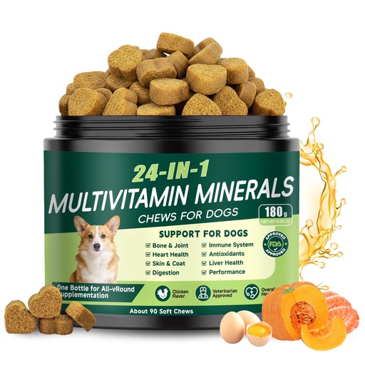 [BRSRGGD6OR6RAEQ4] 24-in-1 Dog Vitamins and Supplements, Dog Multivitamin Chewable for All Dog | Chondroitin Probiotics Omega-3 Glucosamine for Skin Coat Hip Joint Heart Gut Liver Brain Eye Immune Health, 90 Chews Chicken
