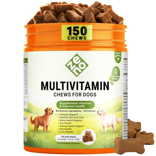 [BRSRGEI6OZ4AIHYV] ZENO Dog Vitamins and Supplements - 150 Dog Multivitamin Chewable - Immune, Joint Support, Skin, Gut Health + Packed with Omega 3s, Glucosamine & Probiotics - Safe for Puppy - Chicken