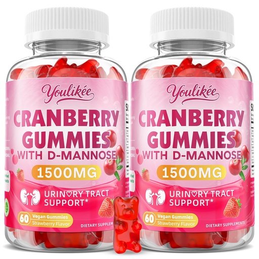 [BRSREAAPPMMBEG37] 2 Pack Cranberry Gummies 1500mg with D Mannose, 120 Ct | Supports Urinary Tract Health for Women & Men, Sugar-free, Non-GMO & Gluten Free, Strawberry Flavor,