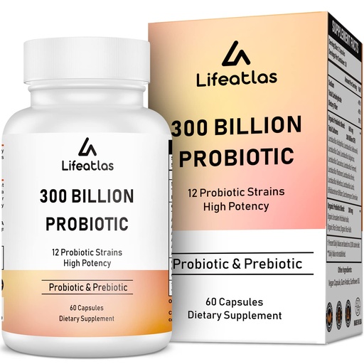[BRSRMHQZOUIGAELX] Lifeatlas 300 Billion CFU Probiotics - Probiotics for Women and Men, 12 Probiotic Strains Plus Prebiotic, for Immune & Digestive, Gut Health, Gas Bloating, Shelf Stable - 60 Caps