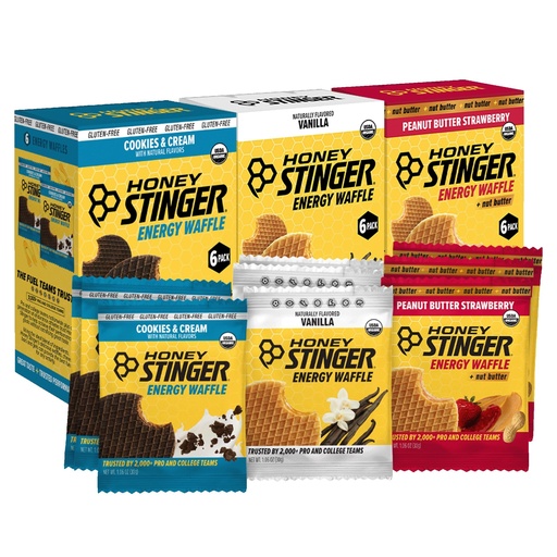 [BRSRG2T6AR4GC3QV] Honey Stinger Organic Energy Waffle Fan Favorites Variety Pack of 18, Vanilla, Cookies and Cream, 6 Pack Each of Peanut Butter Strawberry, Nutritious Stroopwafel Snack for Exercise, Cycling, Running