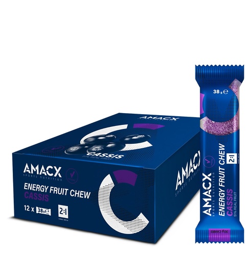 [BRSRO2YECQIGAHQ6] AMACX Fruit Chew Energy Bar – High Carb Running Fuel – 12 x 38g – Electrolyte Chews for Endurance Sports with 51% Fruit – Vegan, Gluten & Lactose-Free – Sports Nutrition Running Chews – Cassis