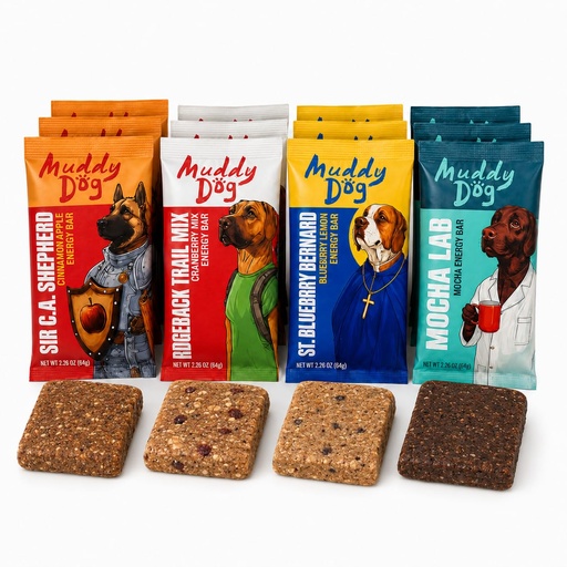 [BRSREYD2PMAR423H] Muddy Dog Energy Bars Variety Pack, Gluten Free Nut Free Oat Snack Bars, Plant Based Human Treats for Running, Hiking and Workouts, 12 Count