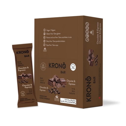 [BRSREYI6AAAR623B] Krono Nutrition Energy Bar - Made with Natural Ingredients - Vegan - Gluten Free - Nuts Free - Soy Free - 50 gram per bars - 12 bars per box (12 count, Chocolate & Espresso)