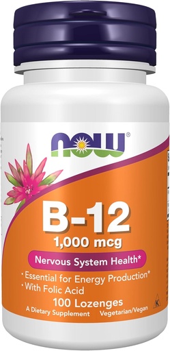 [BRSWIYQYCUFRU2LI] NOW Supplements, Vitamin B-12 1,000 mcg with Folic Acid, Nervous System Health*, 100 Chewable Lozenges