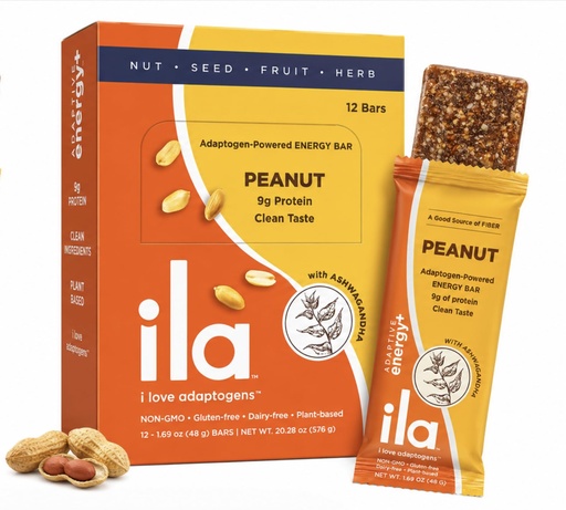 [BRSRYYYRAB5G23YZ] ILA Adaptogen Energy Bar — Peanut, 9g Plant Protein with Reishi & Ashwagandha, Organic Whole-Food Snack, Non-GMO, Gluten-Free, Dairy-Free, Vegan (12 Bars)