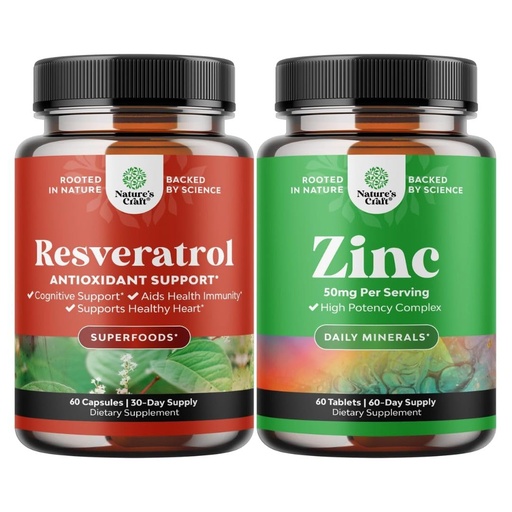 [BRSRMAAHCMDQEC3V] Bundle of Anti Aging Trans Resveratrol Supplement and Halal Zinc Supplement 50 mg - Natural Joint Support Supplement - Zinc Immune System Booster and Natural Zinc Supplement