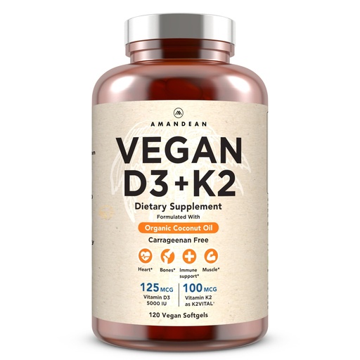 [BRSWYBT4CUMBU3D3] AMANDEAN Vitamin D3 K2. Vegan & Plant-Based 5000iu VIT D from Algae. All-Trans MK-7 K2Vital. 120 Softgels. Carrageenan Free. Organic Coconut Oil Blend. for Mood, Bones, Heart, Immune Health.