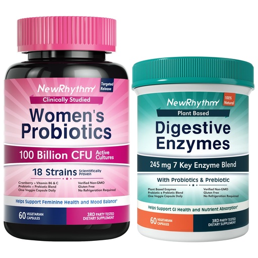 [BRSRABQ5CABQAD33] NewRhythm Digestion & Feminine Health Bundle, Probiotics, Prebiotics, Digestive Enzymes, Cranberry, Vitamin C & B6, Bundle & Save, 60 Capsules Each