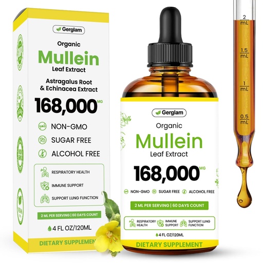 [BRSREAYKBUNQIDY2] Mullein Drops for Lungs, USDA Organic Lung Detox and Cleanse Liquid with Marshmallow, Thyme, Astragalus, Orange Peel, Echinacea Alcohol & Sugar Free Extract for Smokers 4 Fl Oz