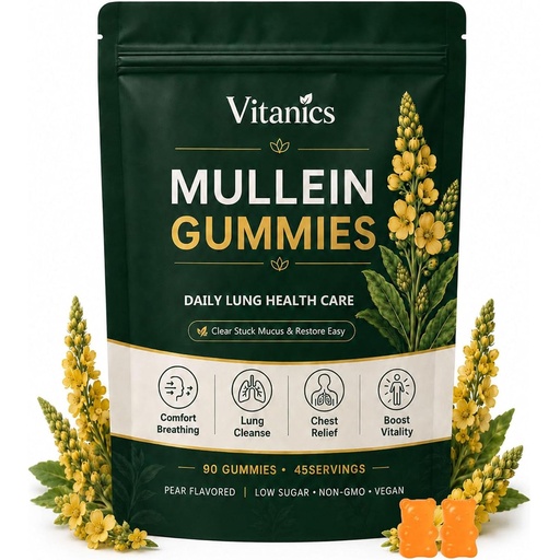 [BRSRY2YCDIPQMCIU] Vitanics Mullein Gummies, Mullein Leaf Extract For Lungs, Mucus Relief | Organic Mullein Herb Supplement with Quercetin Bromelain, Respiratory & Digestive Support, Immune Support, 90 Gummies