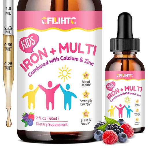 [BRSREA34CACGGF33] Liquid Iron Supplement for Kids, Women & Men - with Calcium, Zinc, Kids Multivitamin with Iron Drops - Blood Builder & Energy Support for Iron Deficiency, Anemia, Mixed Berry Flavor 2 Fl Oz