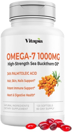 [BRSROCQ2BUFGEEY3] Vitapia Omega 7 Sea Buckthorn Berry Oil 1000mg for Hair, Skin, Nails, Heart Health Support - 34% Palmitoleic Acid & Natural Omega 3 6 9 Fatty Acids Supplement - 120 Capsules, Non-GMO, Gluten-Free