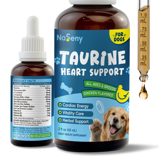 [BRSRYZDQDIBAG2QZ] Taurine for Dogs Drops - Supports Heart & Vision, Vitality Health - 60ML | Dogs Taurine Liquid Supplement for Dogs with CoQ10, Omega-3, L-Carnitine, L-Arginine, Goji, Astragalus Root - Chicken Flavor