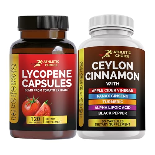 [BRSRGCYDA4GQA336] Lycopene and Ceylon Cinnamon Bundle, 180 Capsules Combo w/ACV, Turmeric, Ginseng, Alpha Lipoic Acid & Black Pepper Powder, Non-GMO & Gluten-Free Lycopene Supplement for Men and Women
