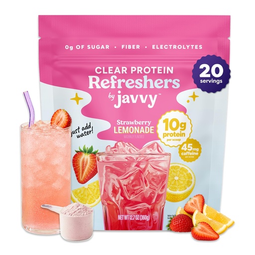 [BRSRYZQ3CMPRSEYV] Javvy Clear Protein Powder with Clear Whey Protein, Strawberry Lemonade | 10g Whey Protein & Collagen Peptides, Electrolyte Powder, Natural Flavors, 0g Sugar, 3g Fiber, 45mg Caffeine