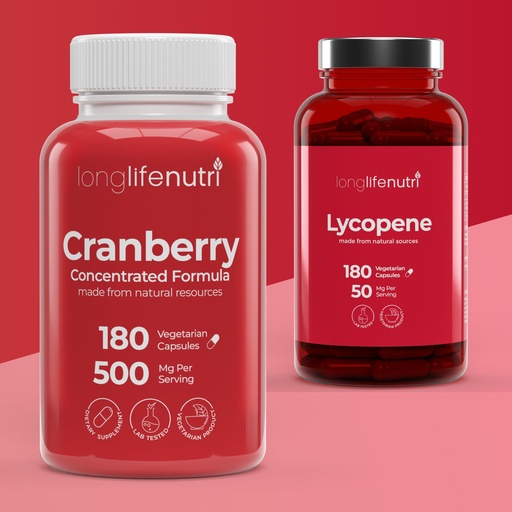 [BRSREGA2CQBAO2Q4] Cranberry Extract 500 mg & Lycopene 50 mg Bundle - 180 Veg Capsules Each, 6 Month Supply, Urinary & Prostate Support, Non-GMO, Antioxidant Formula, Made in USA